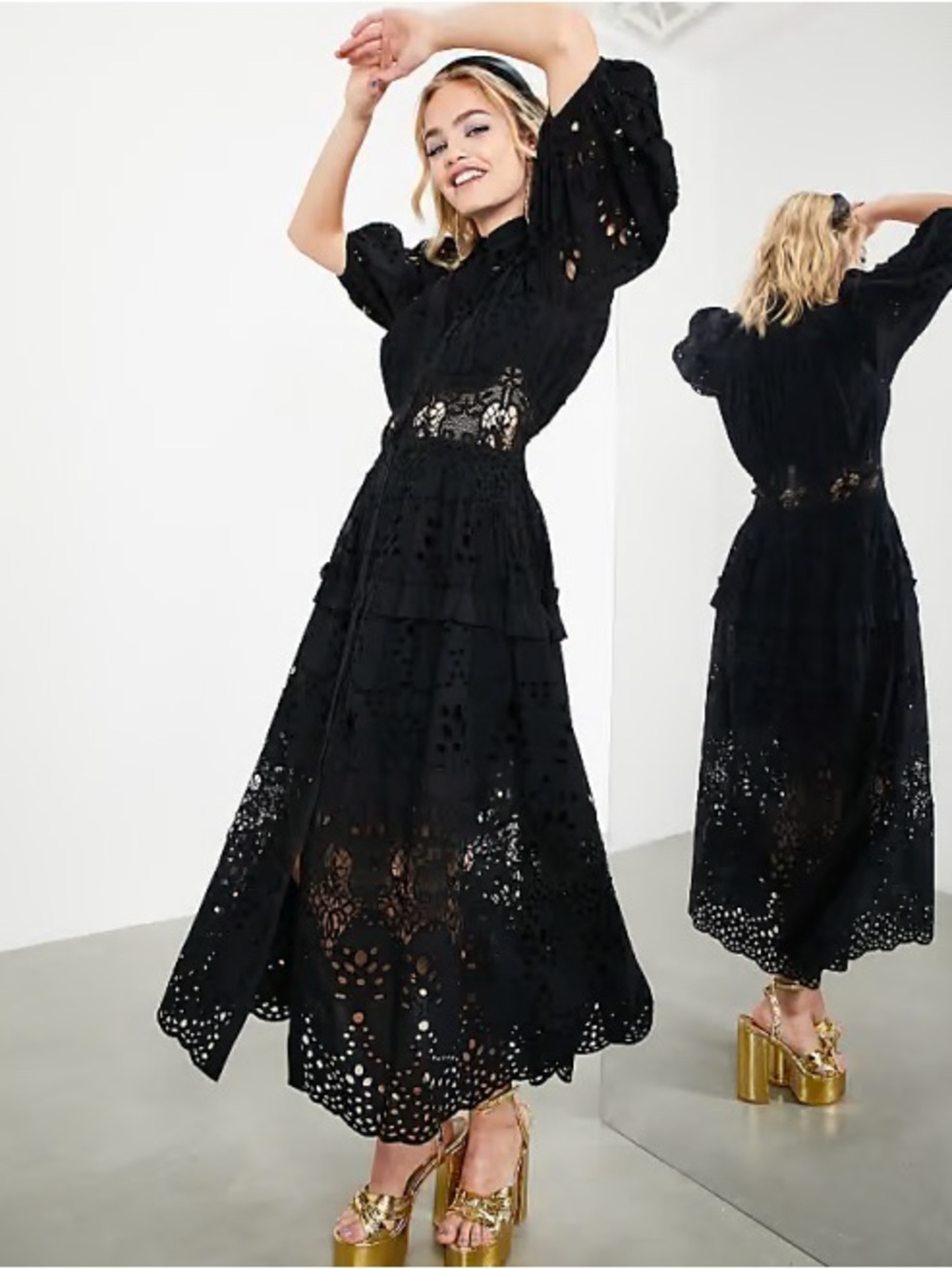 ASOS | Black Broderie Eyelet Lace Maxi Dress with Puff Sleeves
